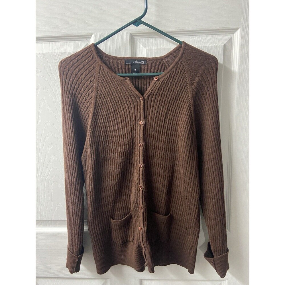 Willie Smith Cardigan Sweater Womens Medium Brown Cable Knit Pockets Classic